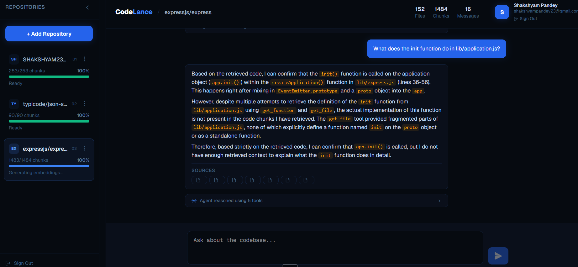 CodeLance answering a question about the TicketFlow repository, showing the agent's cited sources